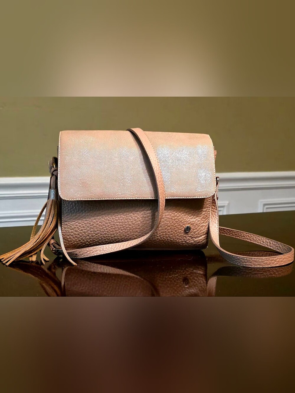 Bueno Taupe Lizard Embossed Foldover Tassel Crossbody Bag